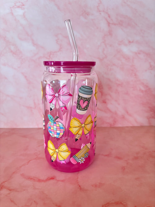 Cute pink aesthetic beker met rietje 🎀 (bows & coffee design)