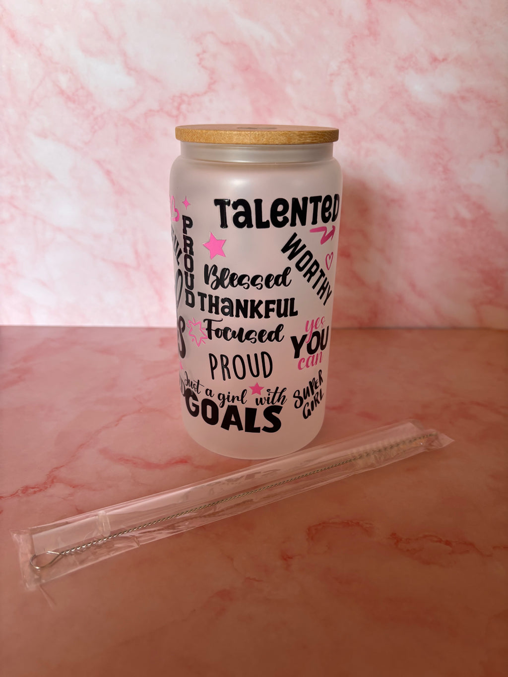     motivatie drinkbeker glas bamboe deksel